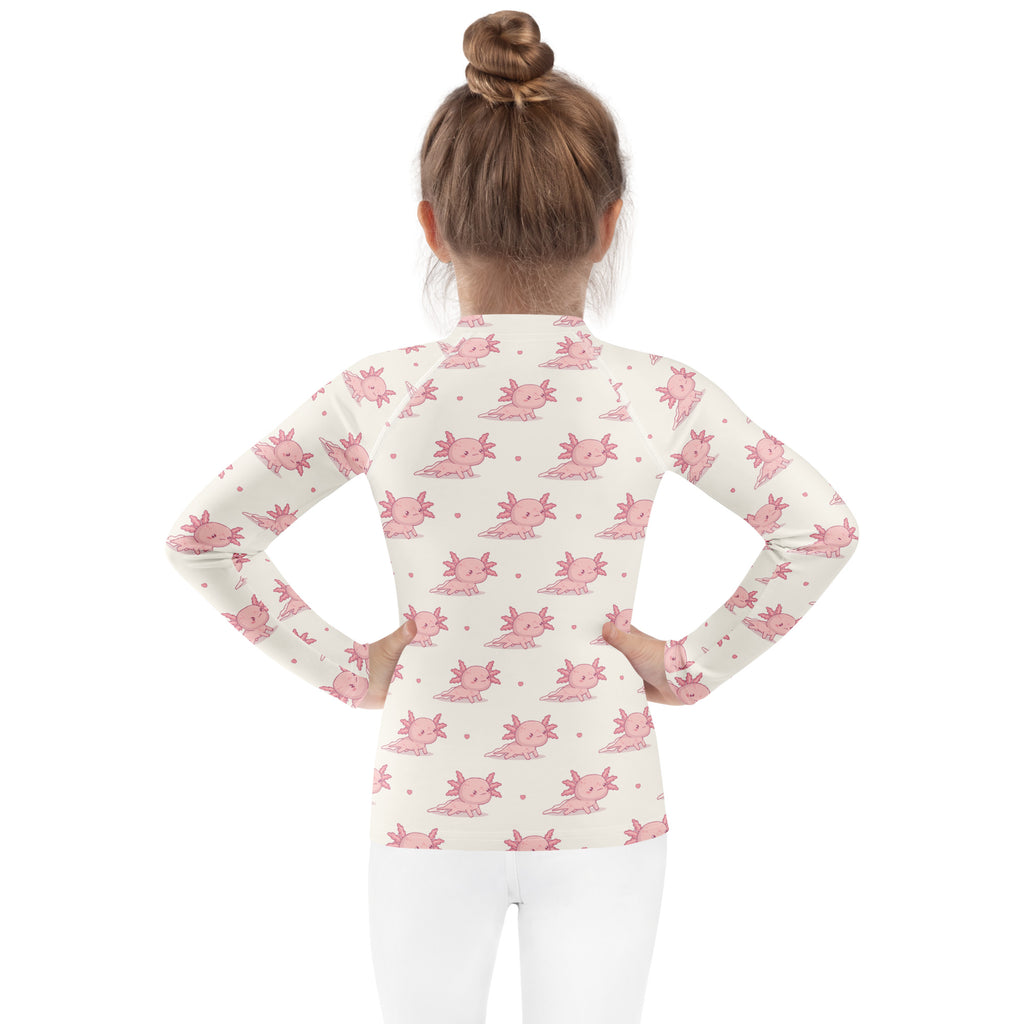 Girls Pink Axolotl Long Sleeve Rash Guard Swim Shirt With UPF 50+