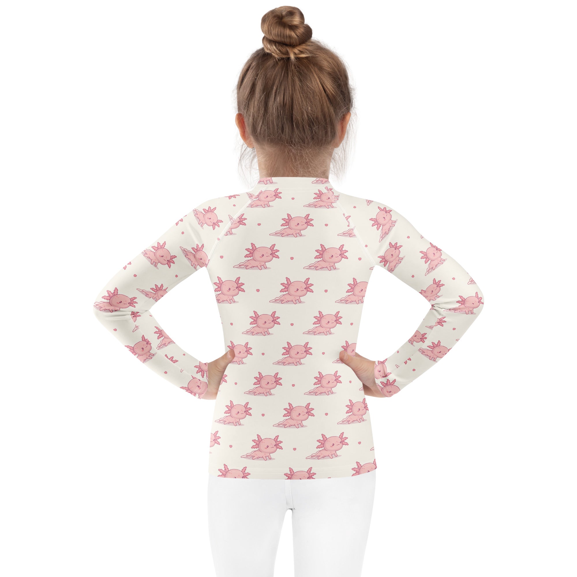 Girls Pink Axolotl Long Sleeve Rash Guard Swim Shirt With UPF 50+