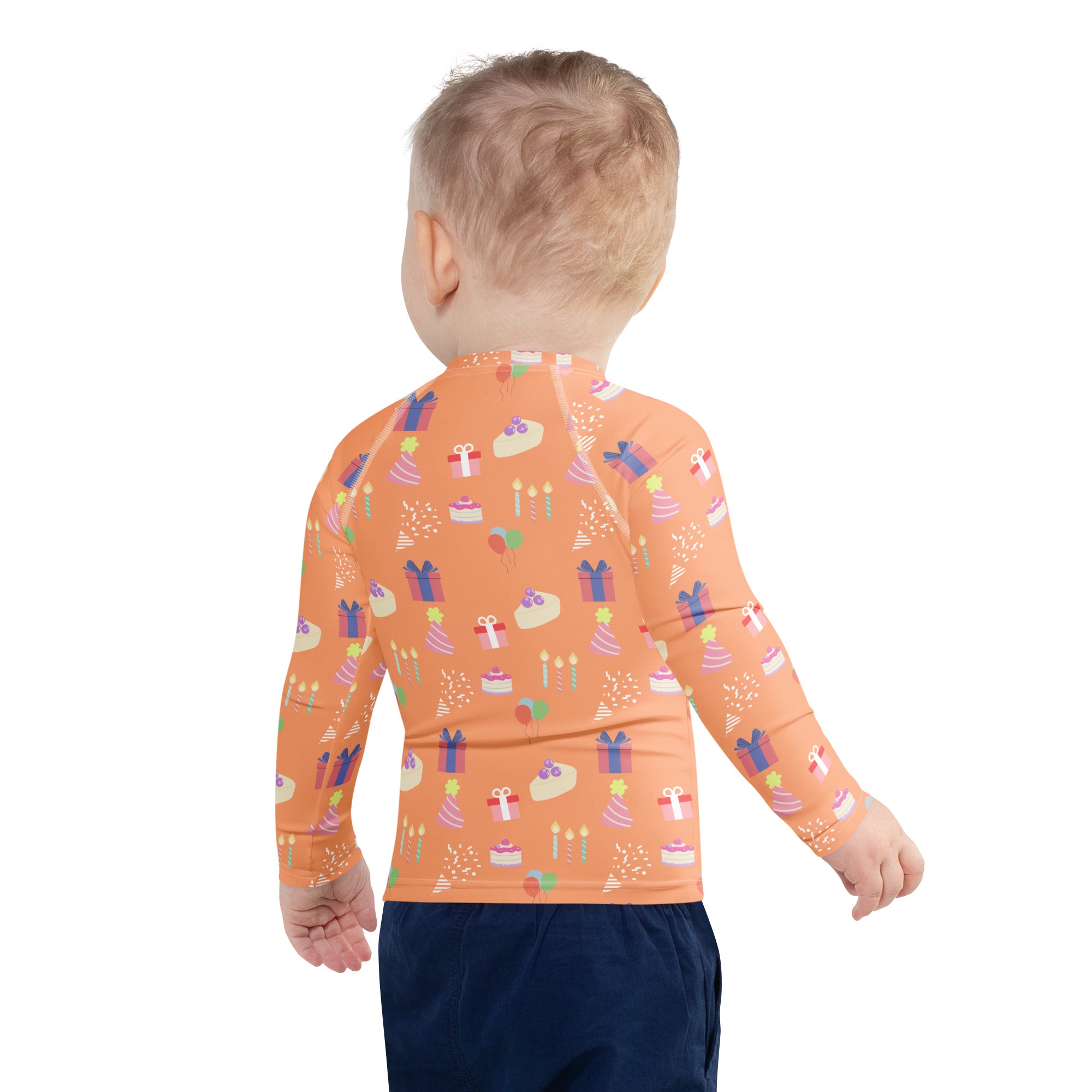 Orange long sleeve rash guard swim shirt with upf 50 plus and birthday-themed cakes gifts and candles pattern