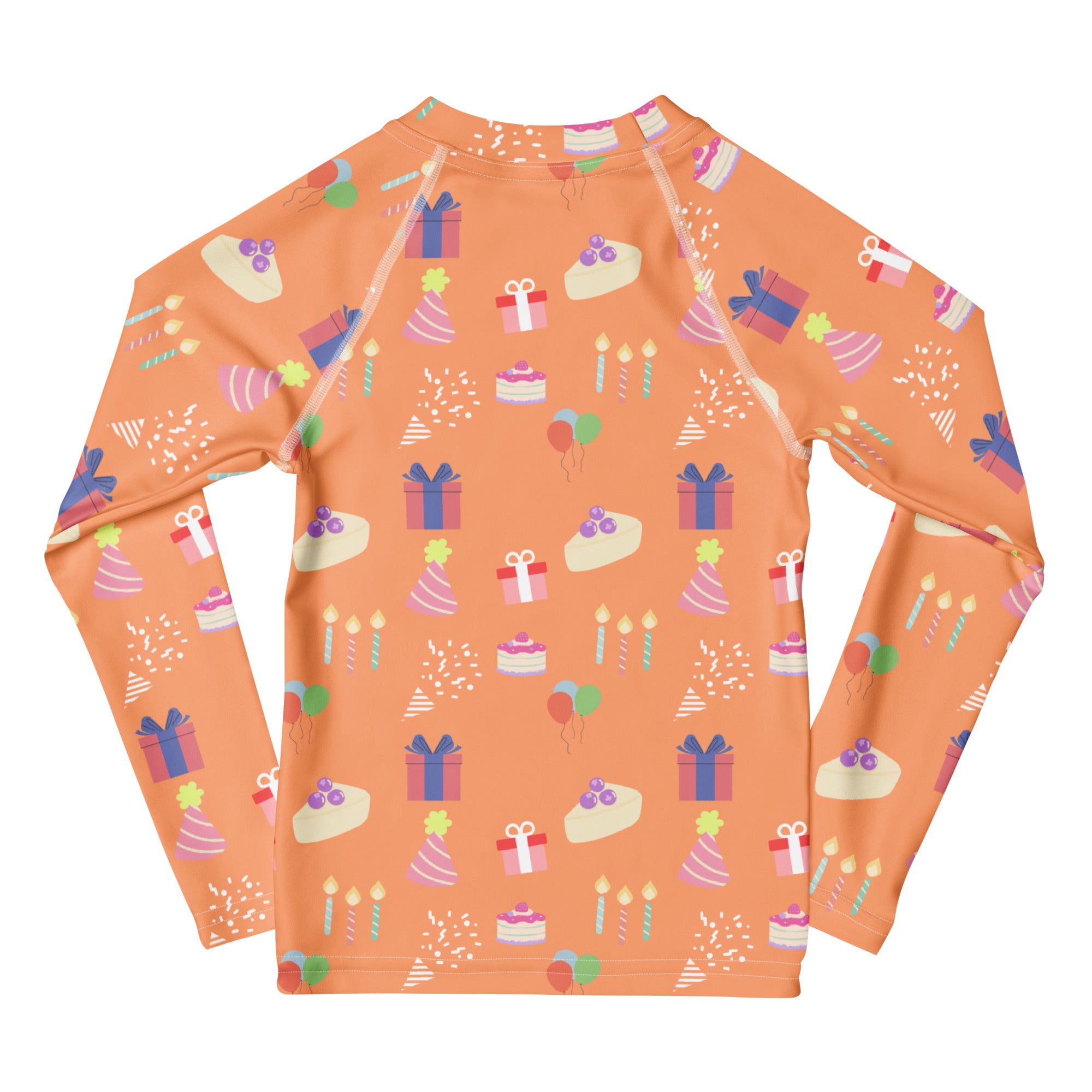 Orange long sleeve rash guard with upf 50 featuring birthday boy pattern of cakes gifts and party hats for swim use