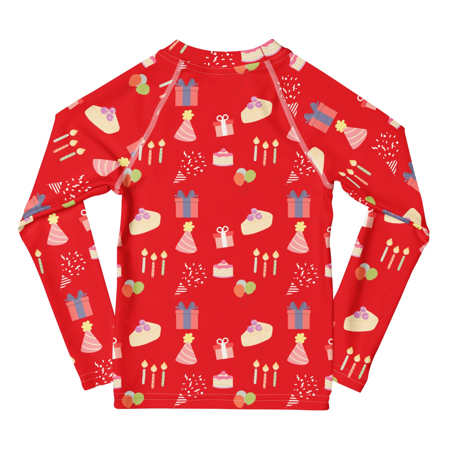 Red long-sleeve shirt with birthday pattern on a white background