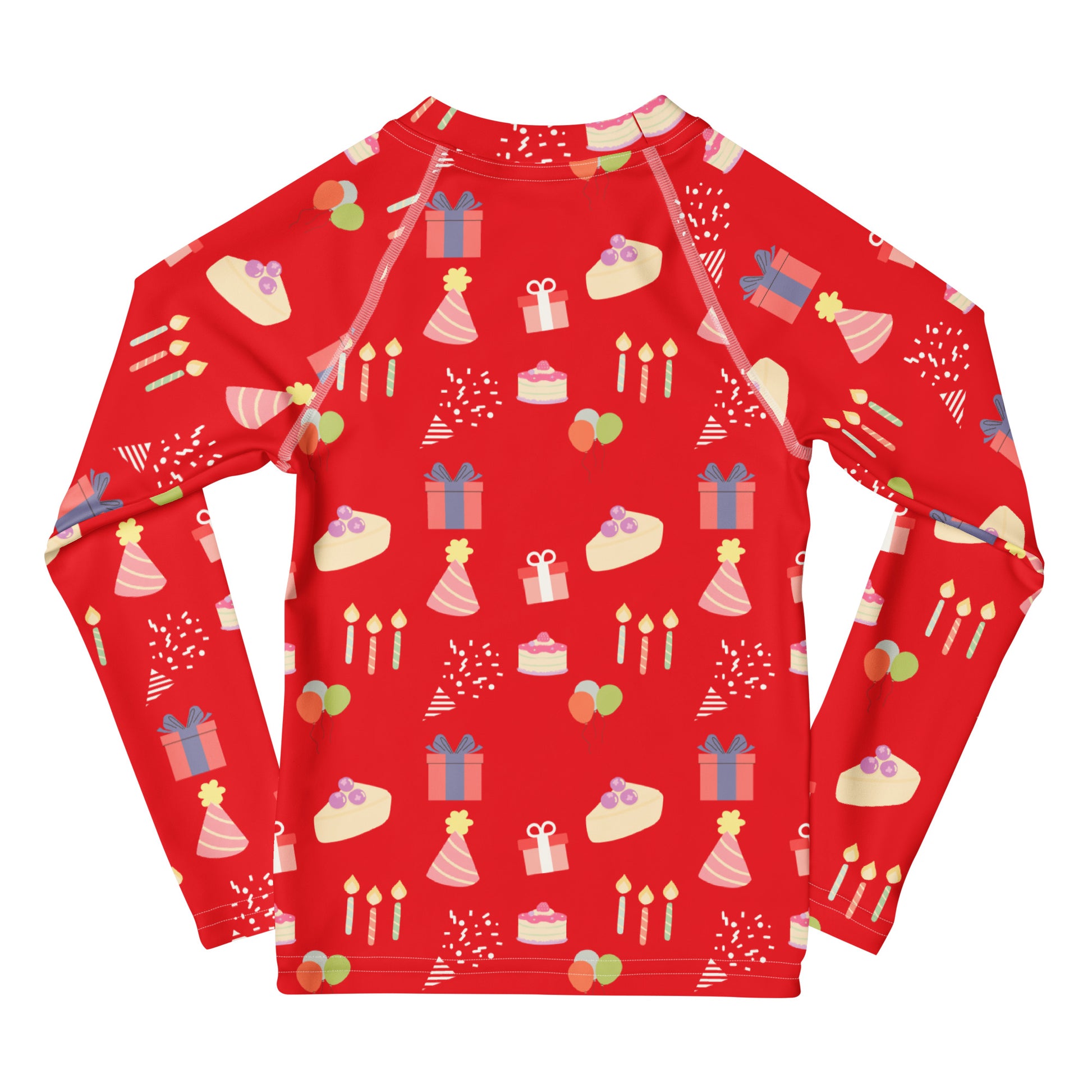 Red long-sleeve shirt with birthday pattern on a white background