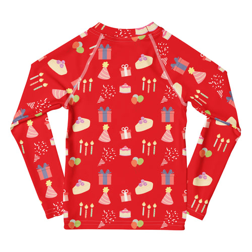 Red long-sleeve shirt with birthday pattern on a white background