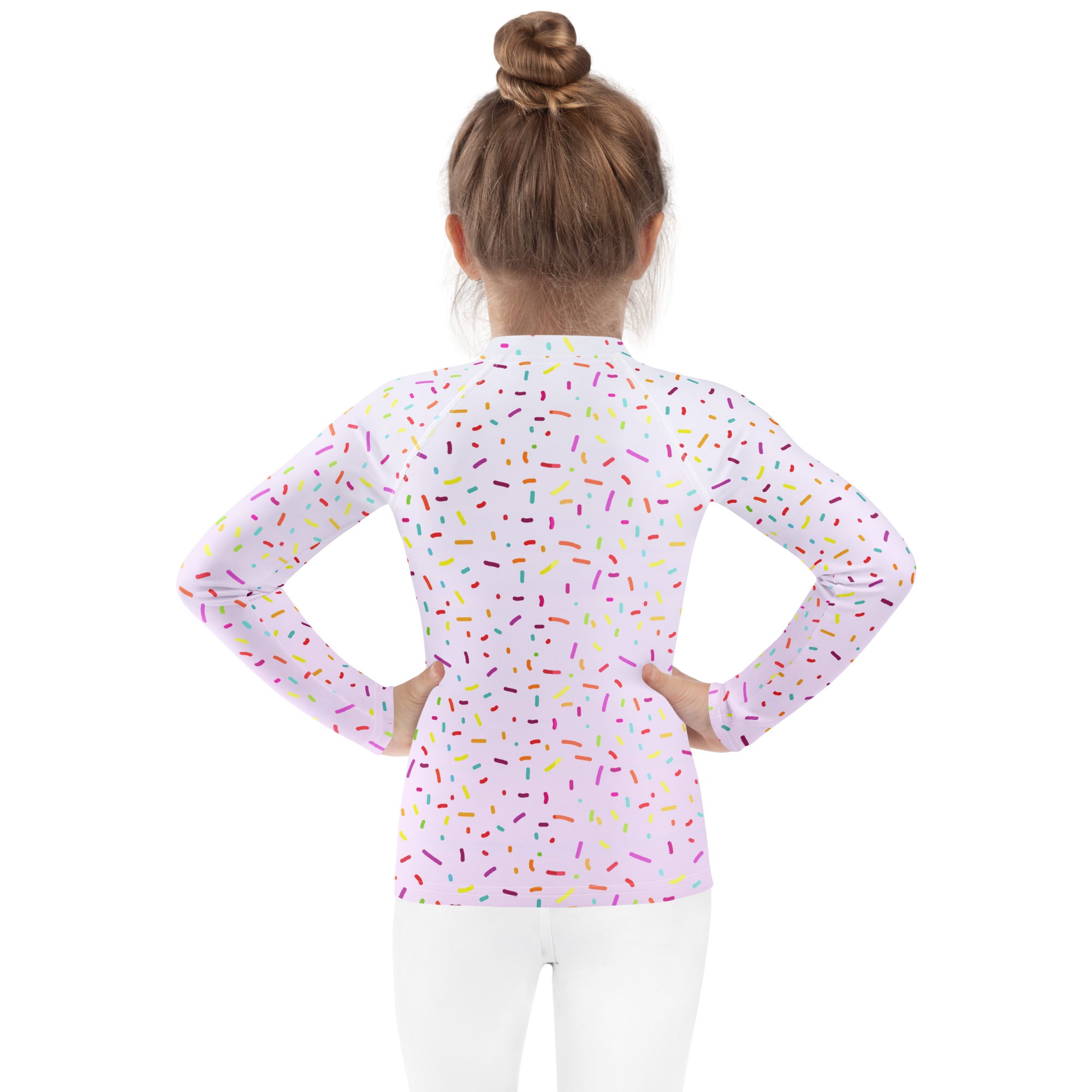 Pink long sleeve rash guard swim shirt with colorful sprinkle pattern and upf 50 plus for birthday girls