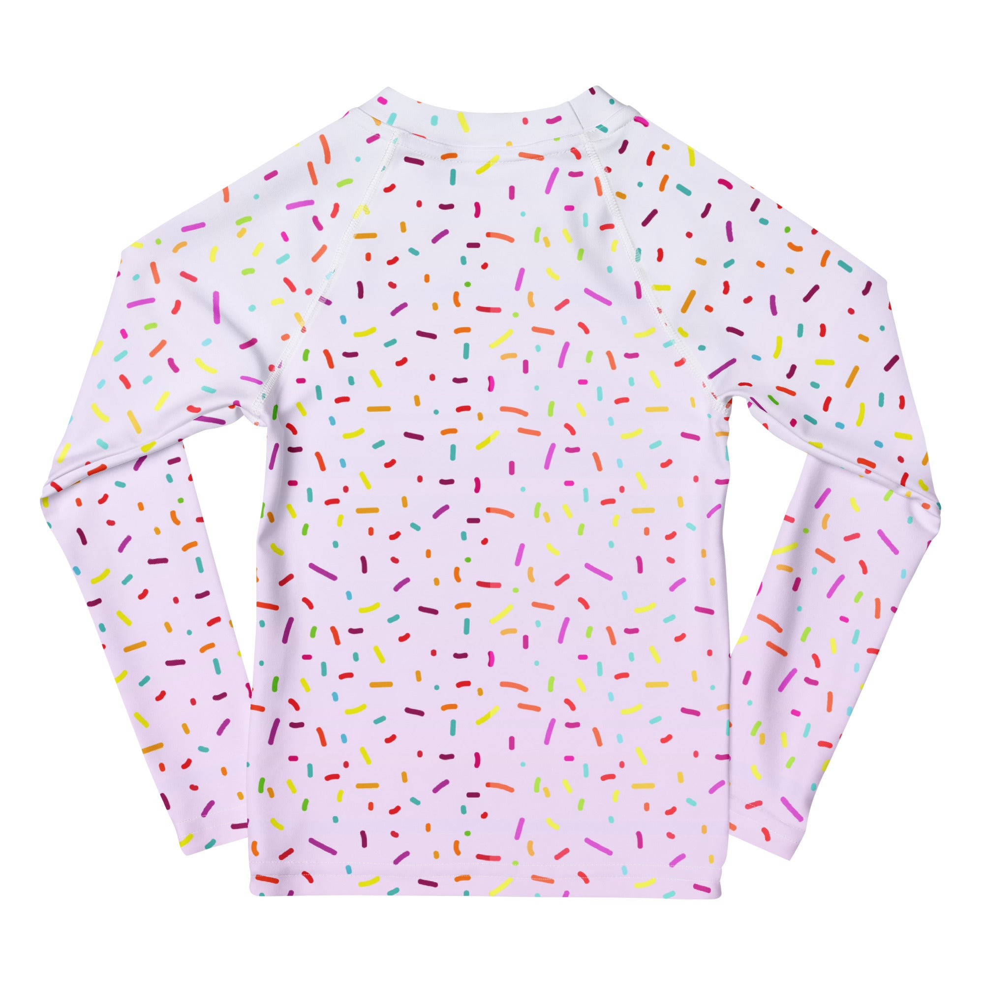A white long-sleeved rash guard with colorful sprinkles pattern and UPF 50 plus for sun protection