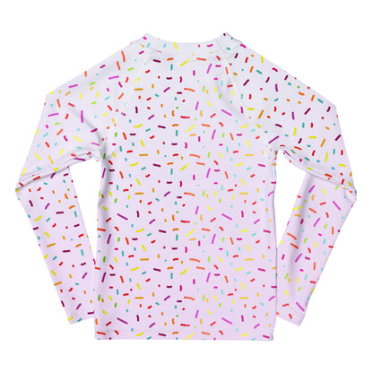 Colorful Sprinkles Birthday Girl Long Sleeve Rash Guard Swim Shirt With UPF 50+
