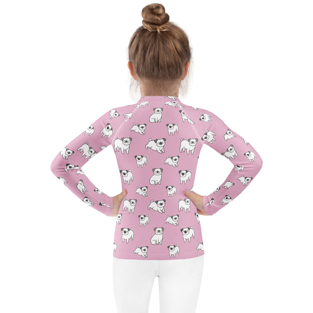Girls Pink Pug Long Sleeve Rash Guard Swim Shirt With UPF 50+