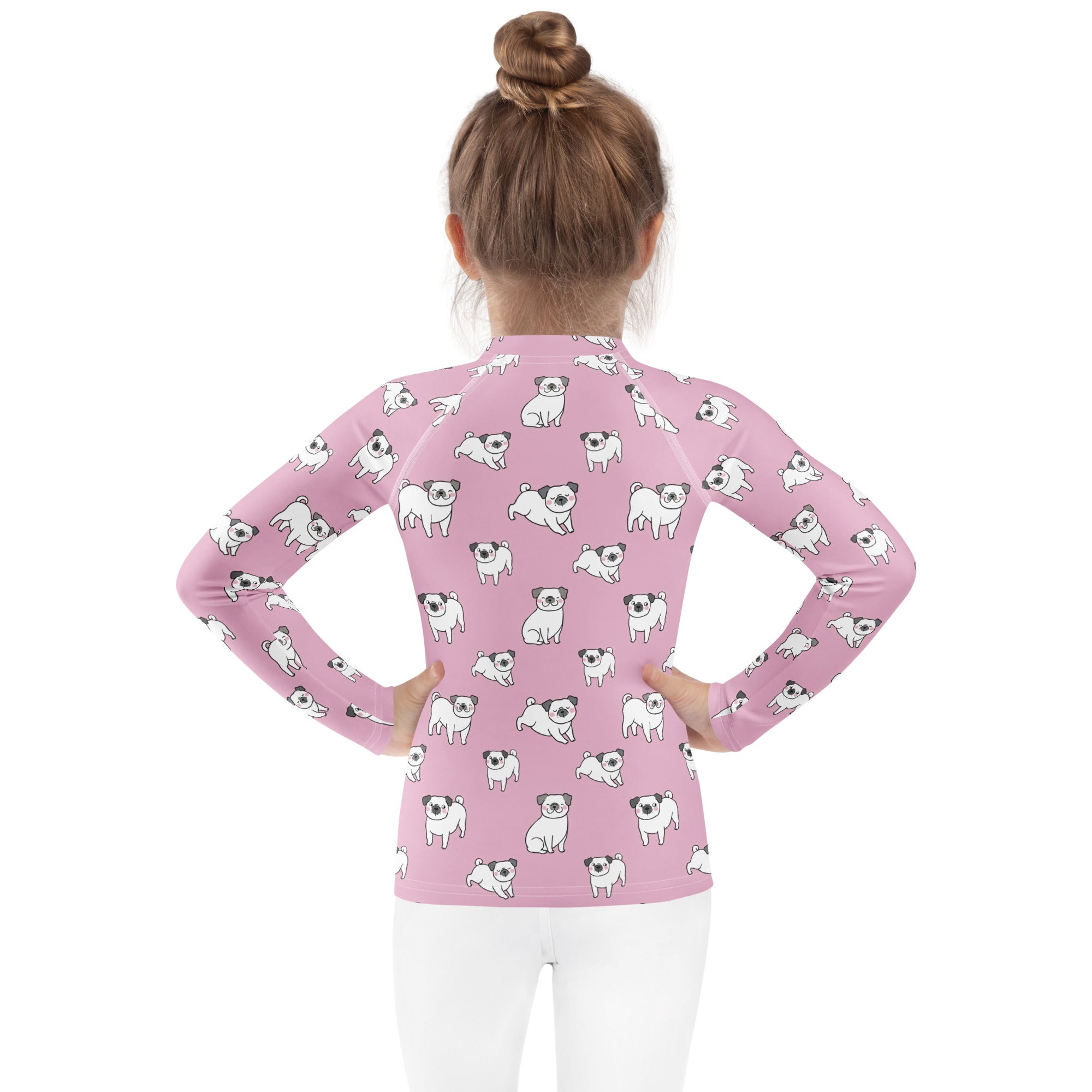 Girls Pink Pug Long Sleeve Rash Guard Swim Shirt With UPF 50+