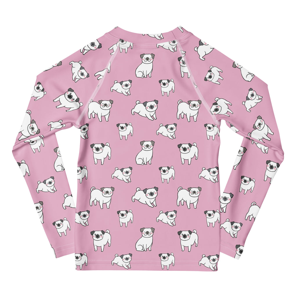 Girls Pink Pug Long Sleeve Rash Guard Swim Shirt With UPF 50+