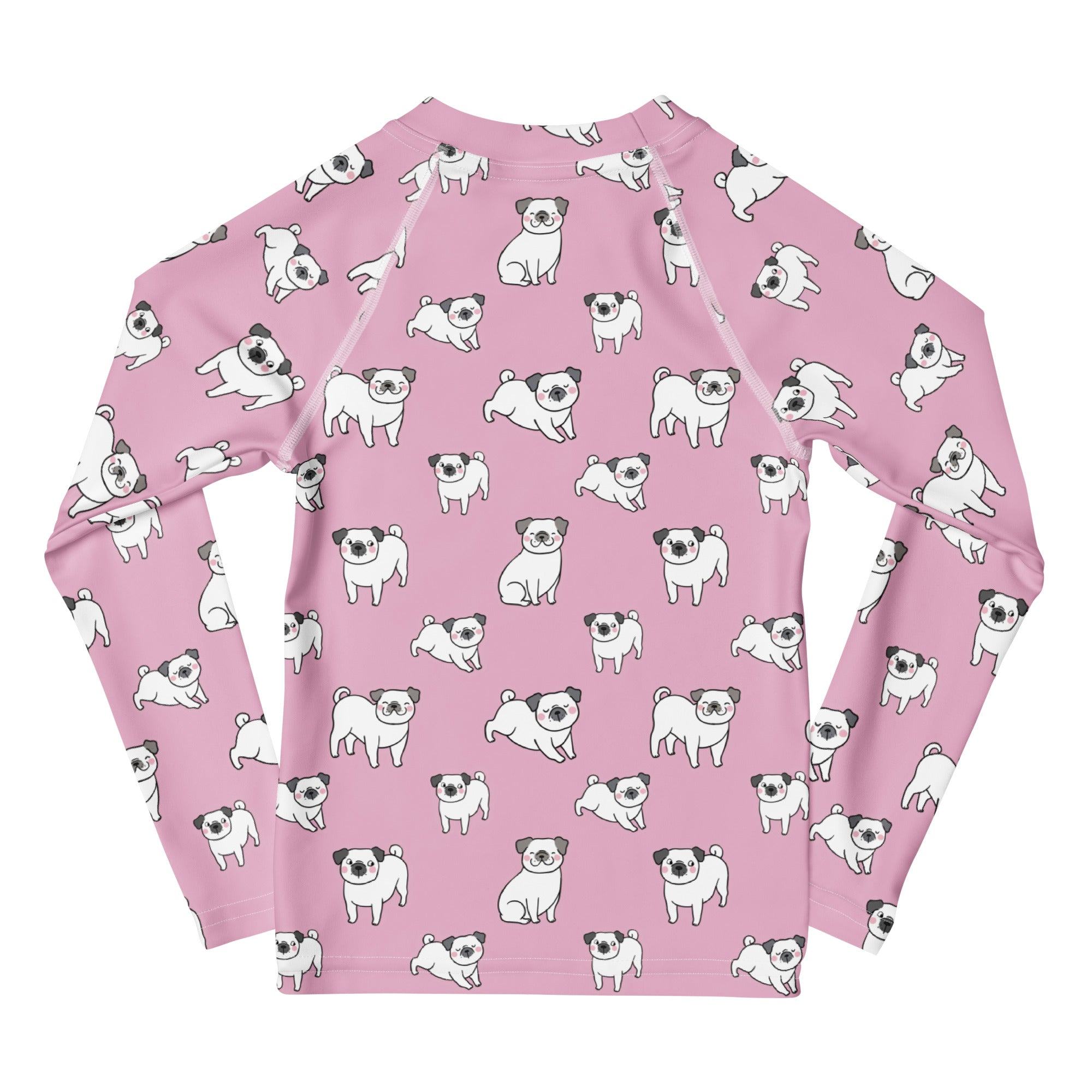 Girls Pink Pug Long Sleeve Rash Guard Swim Shirt With UPF 50+