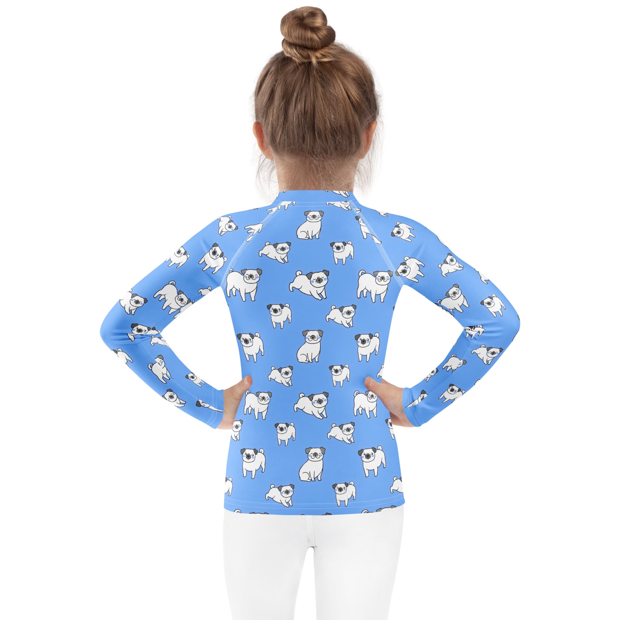 Kids blue long sleeve rash guard swim shirt with UPF 50 plus featuring a playful white pug dog pattern