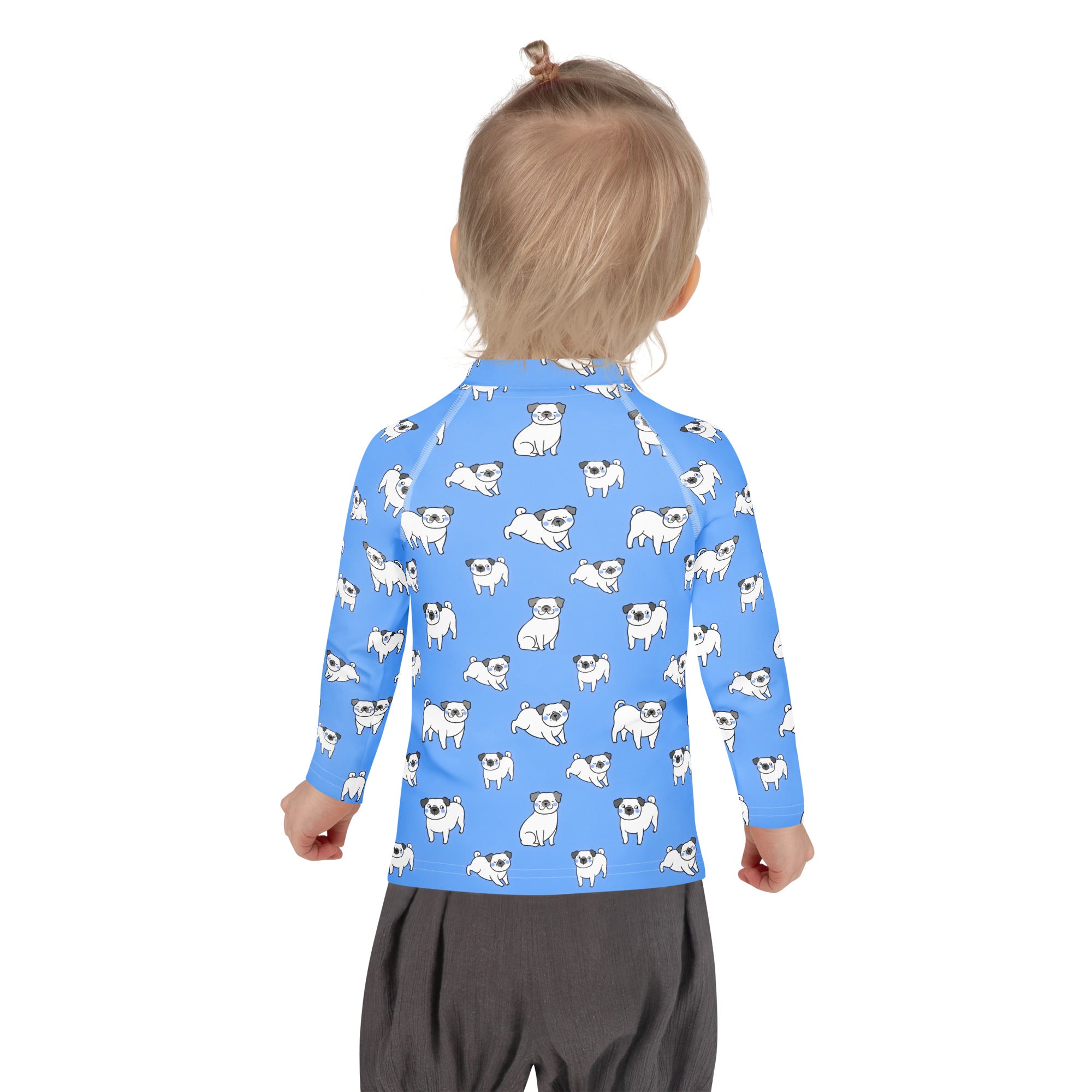 Kids blue pug long sleeve rash guard swim shirt with upf 50 plus featuring white cartoon pug pattern