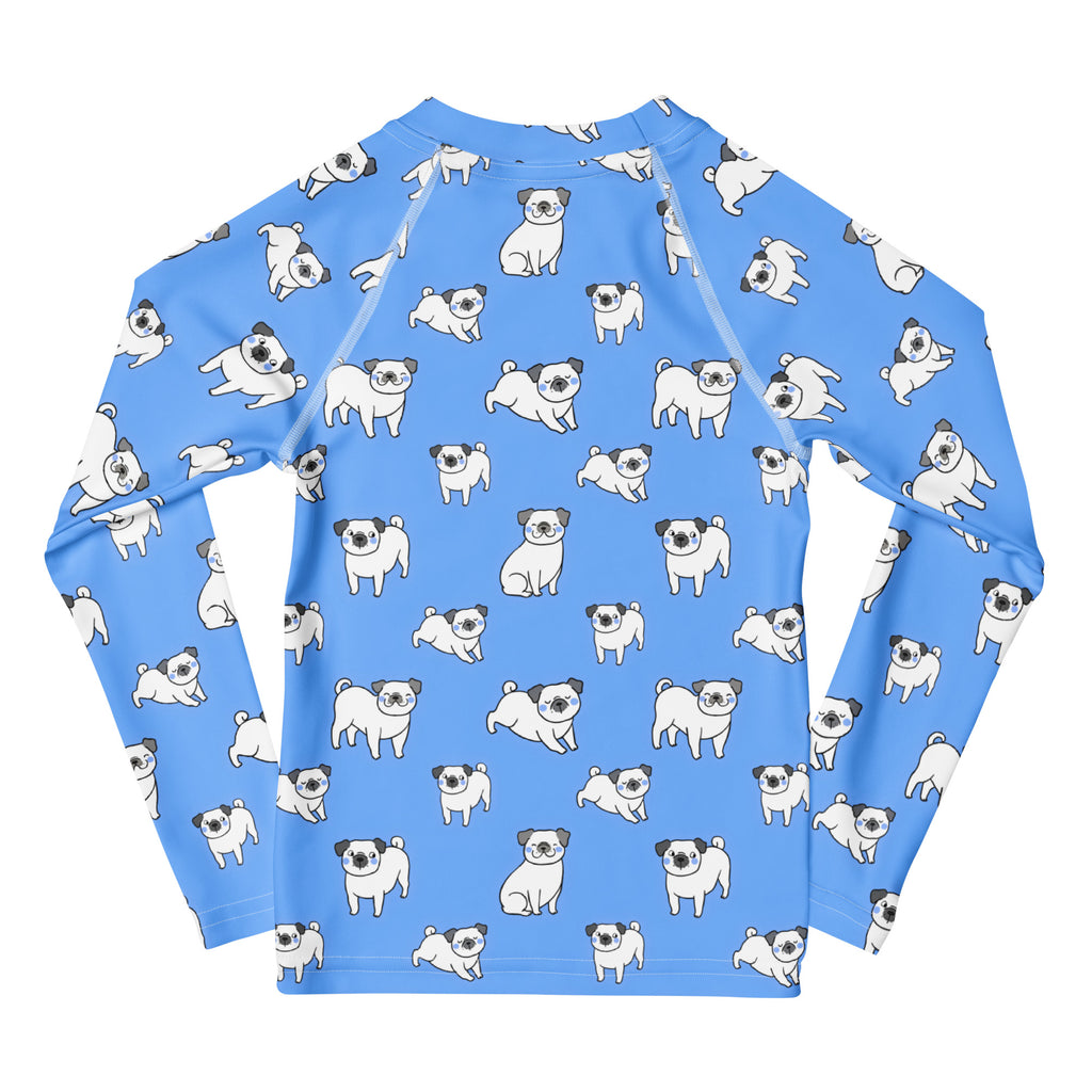 Kids blue long sleeve rash guard swim shirt with UPF 50+ featuring playful white cartoon pug print