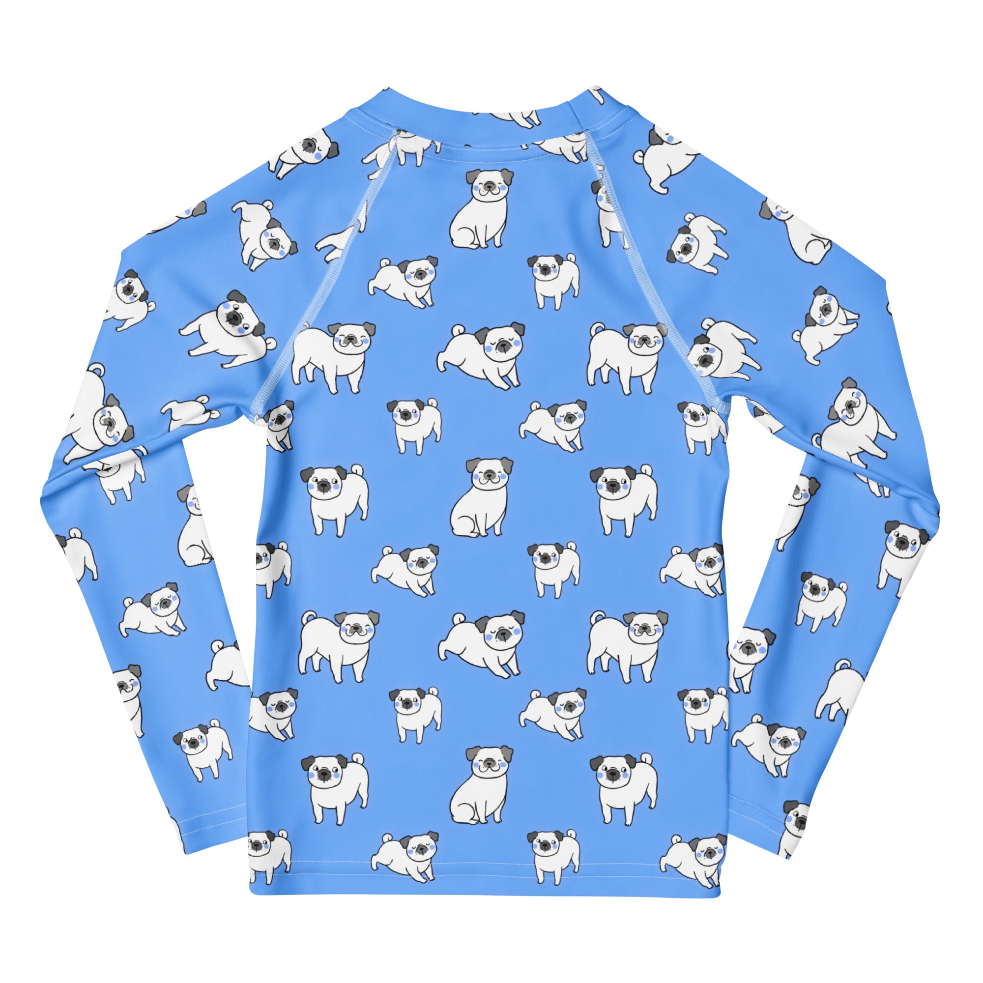 Kids blue long sleeve rash guard swim shirt with UPF 50+ featuring playful white cartoon pug print