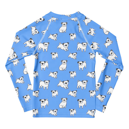 Kids Blue Pug Long Sleeve Rash Guard Swim Shirt With UPF 50+