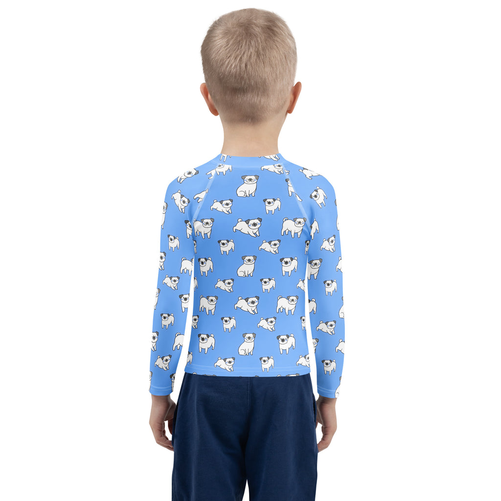 Kids blue long-sleeve rash guard swim shirt with UPF 50+ featuring a light blue pug cartoon pattern