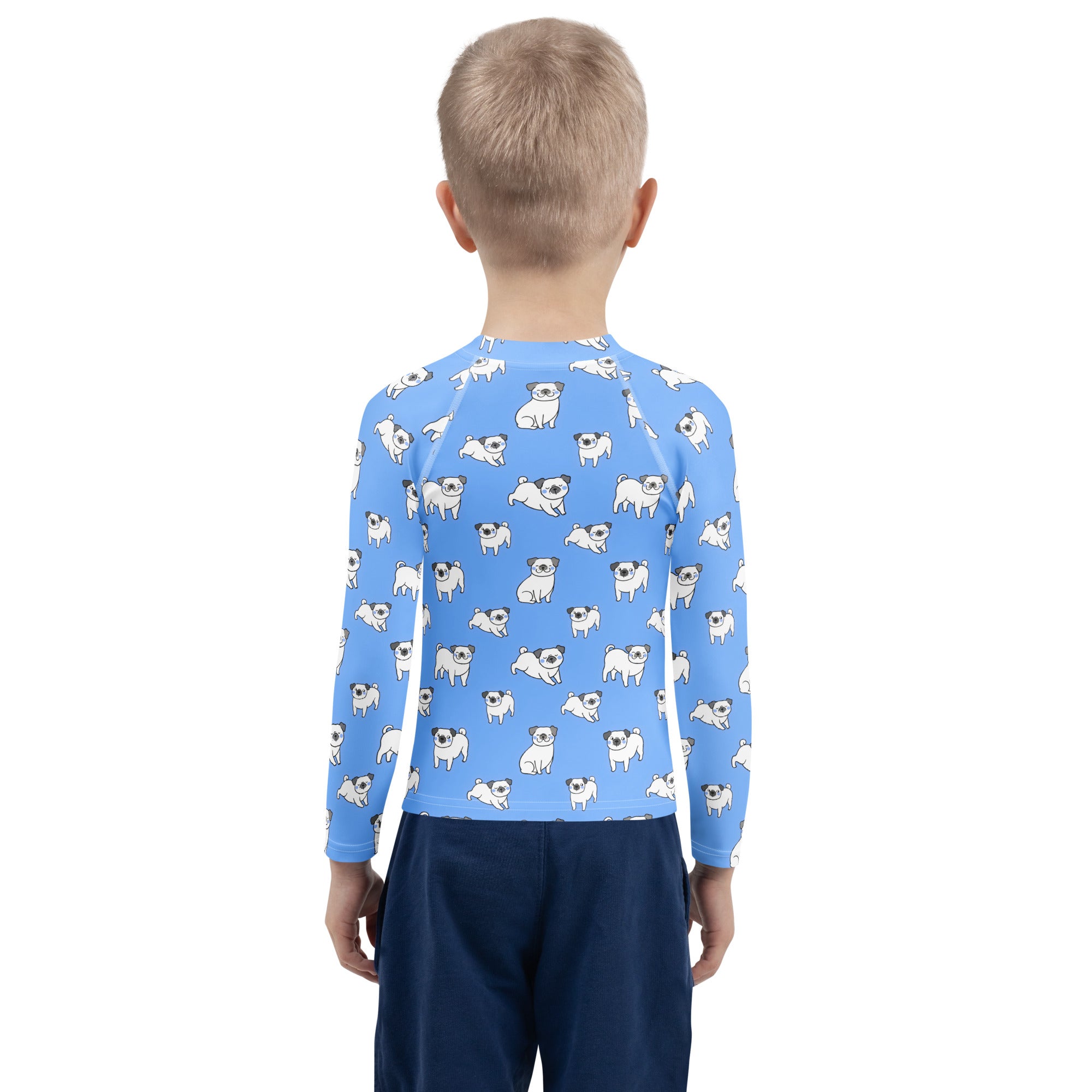 Kids blue long-sleeve rash guard swim shirt with UPF 50+ featuring a light blue pug cartoon pattern