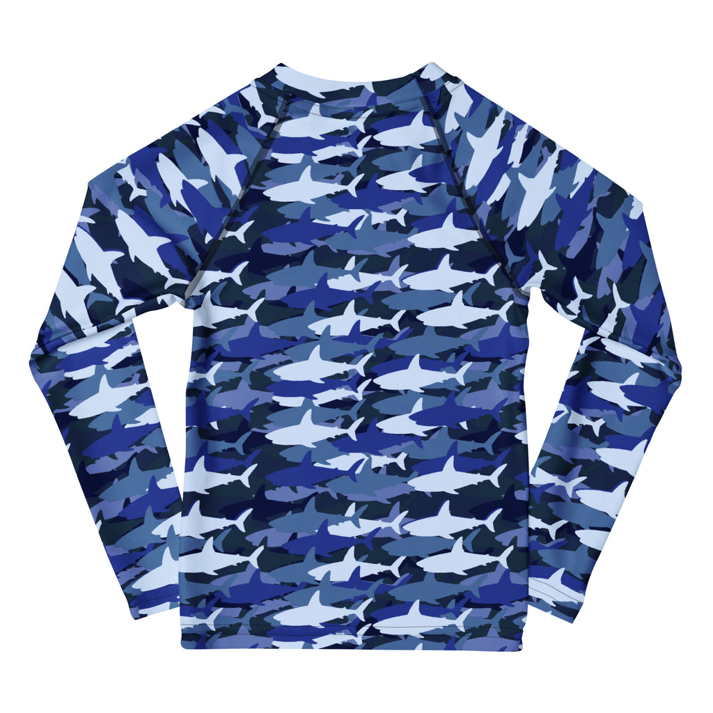 Kids blue and white shark camouflage long sleeve rash guard swim shirt with upf 50 plus for sun protection