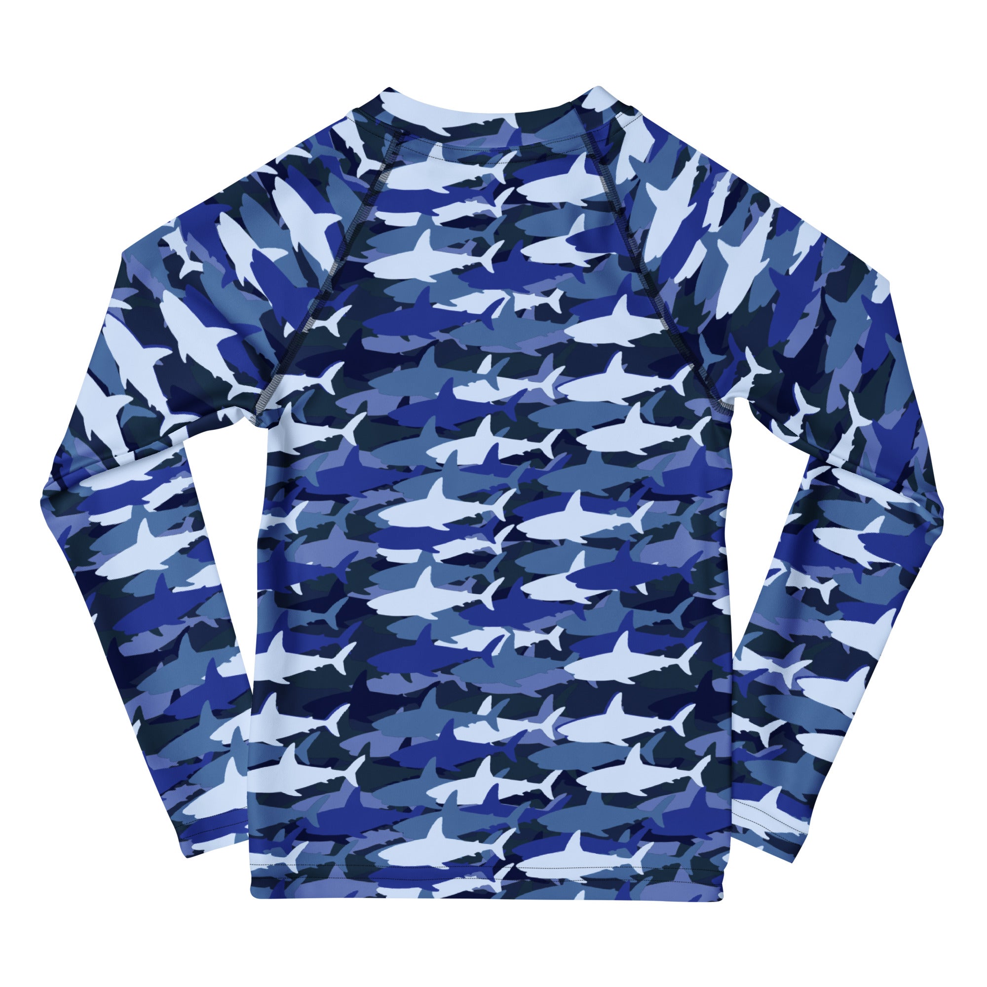 Kids blue and white shark camouflage long sleeve rash guard swim shirt with upf 50 plus for sun protection