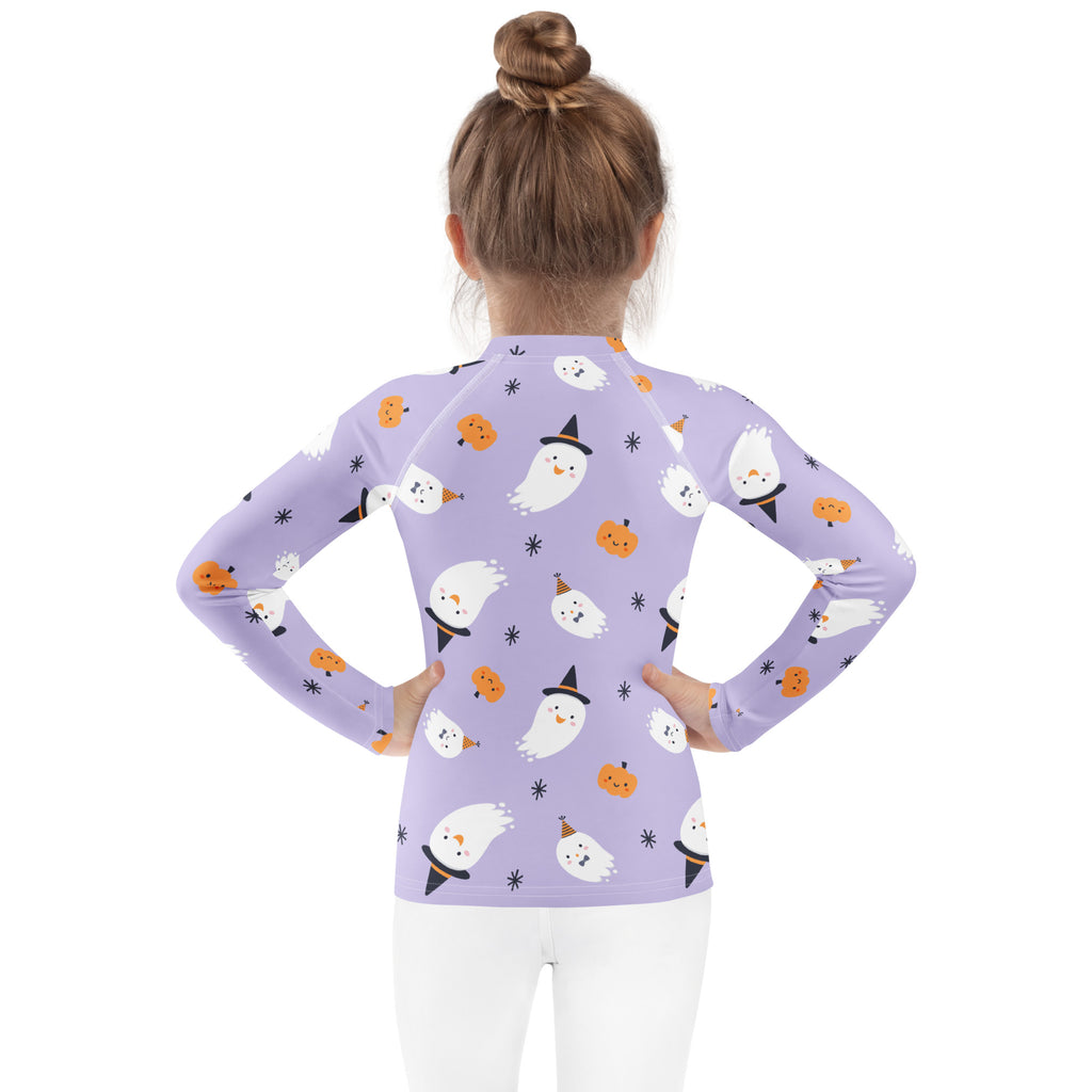Purple long sleeve girls rash guard swim shirt with white ghost and orange pumpkin prints and UPF 50 plus protection
