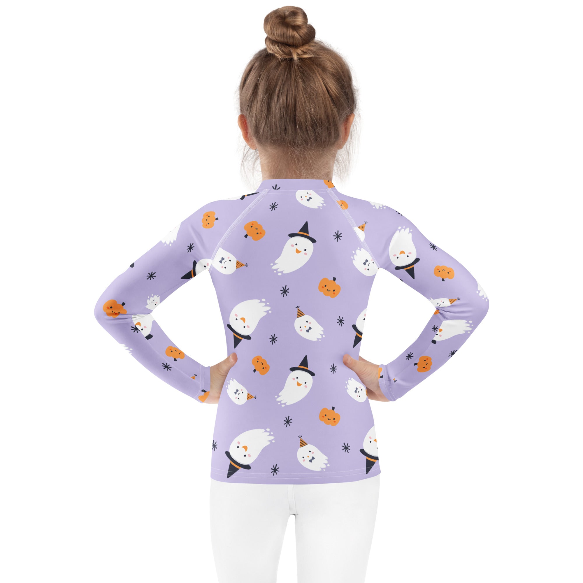 Purple long sleeve girls rash guard swim shirt with white ghost and orange pumpkin prints and UPF 50 plus protection