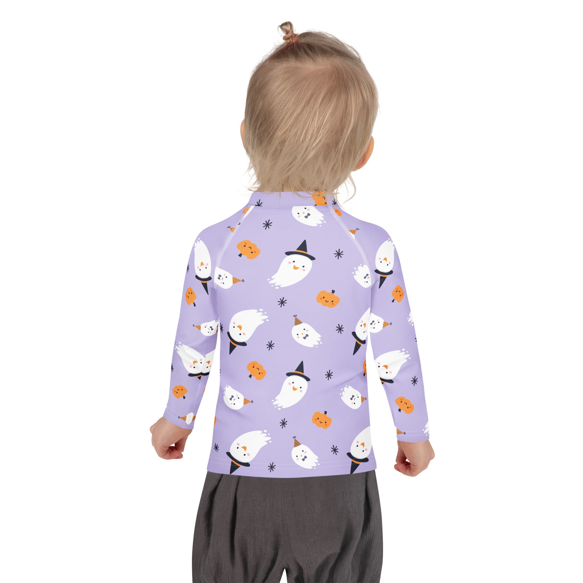 Girls ghost witch long sleeve lavender rash guard swim shirt with playful ghost and pumpkin pattern and upf 50+ protection
