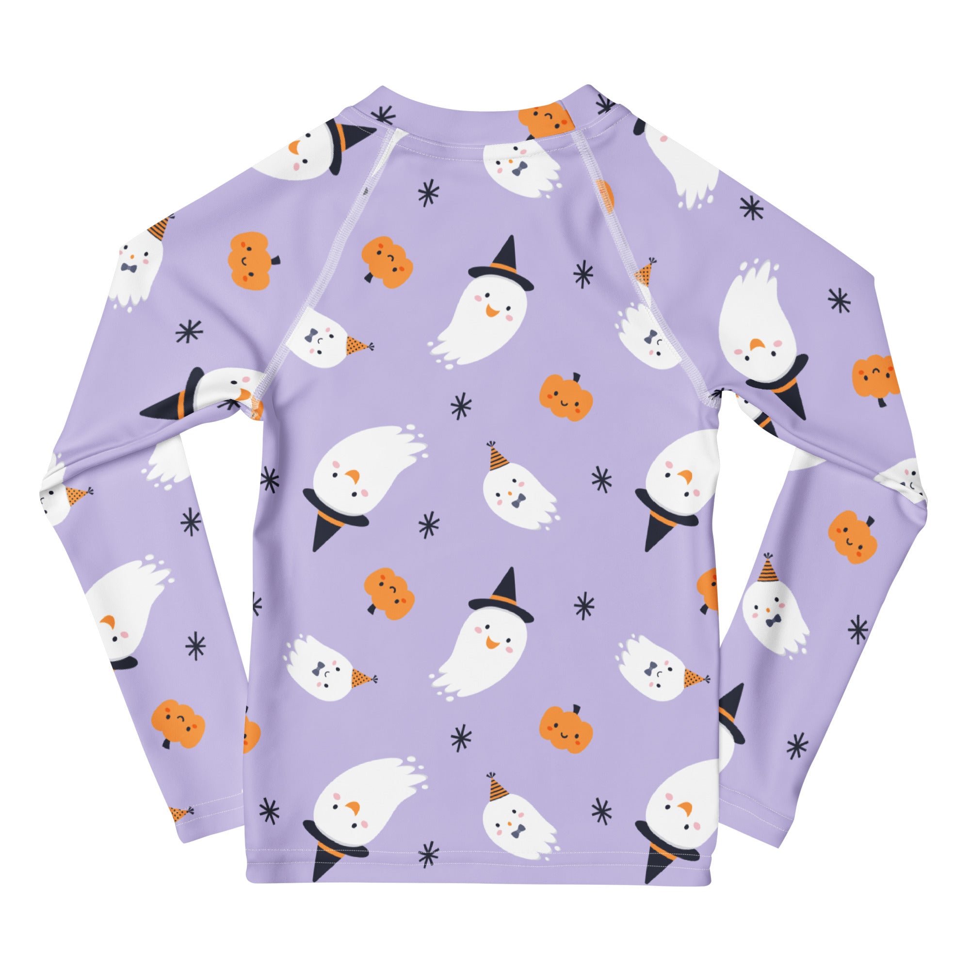 Purple girls ghost witch long sleeve rash guard swim shirt with playful white ghosts and orange pumpkins with upf 50+