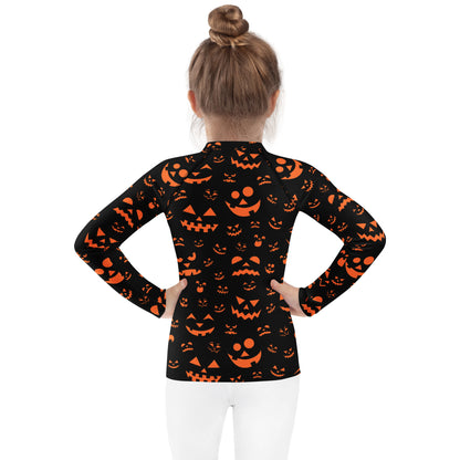 Kids Orange Jack-O'-Lantern Faces Halloween Long Sleeve Rash Guard Swim Shirt With UPF 50+
