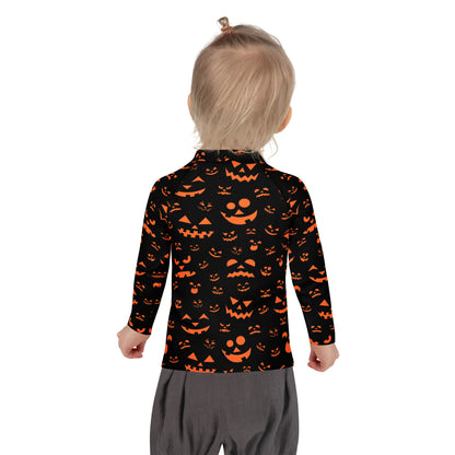 Kids Orange Jack-O'-Lantern Faces Halloween Long Sleeve Rash Guard Swim Shirt With UPF 50+