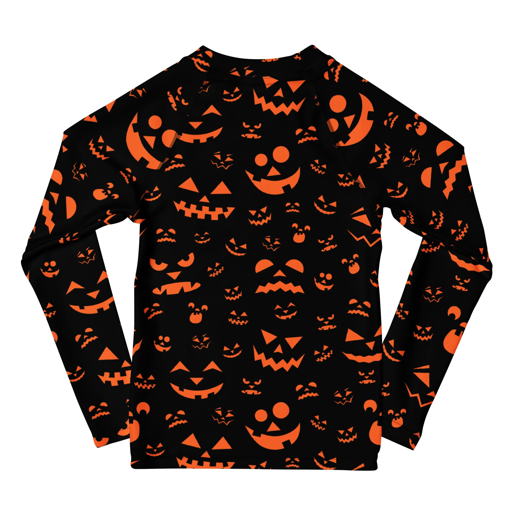 Kids orange jack-o-lantern faces halloween long sleeve rash guard swim shirt with vibrant pumpkin pattern and upf 50+
