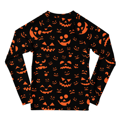 Kids Orange Jack-O'-Lantern Faces Halloween Long Sleeve Rash Guard Swim Shirt With UPF 50+