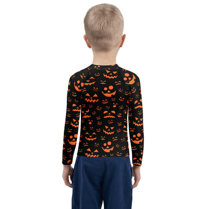 Kids Orange Jack-O'-Lantern Faces Halloween Long Sleeve Rash Guard Swim Shirt With UPF 50+