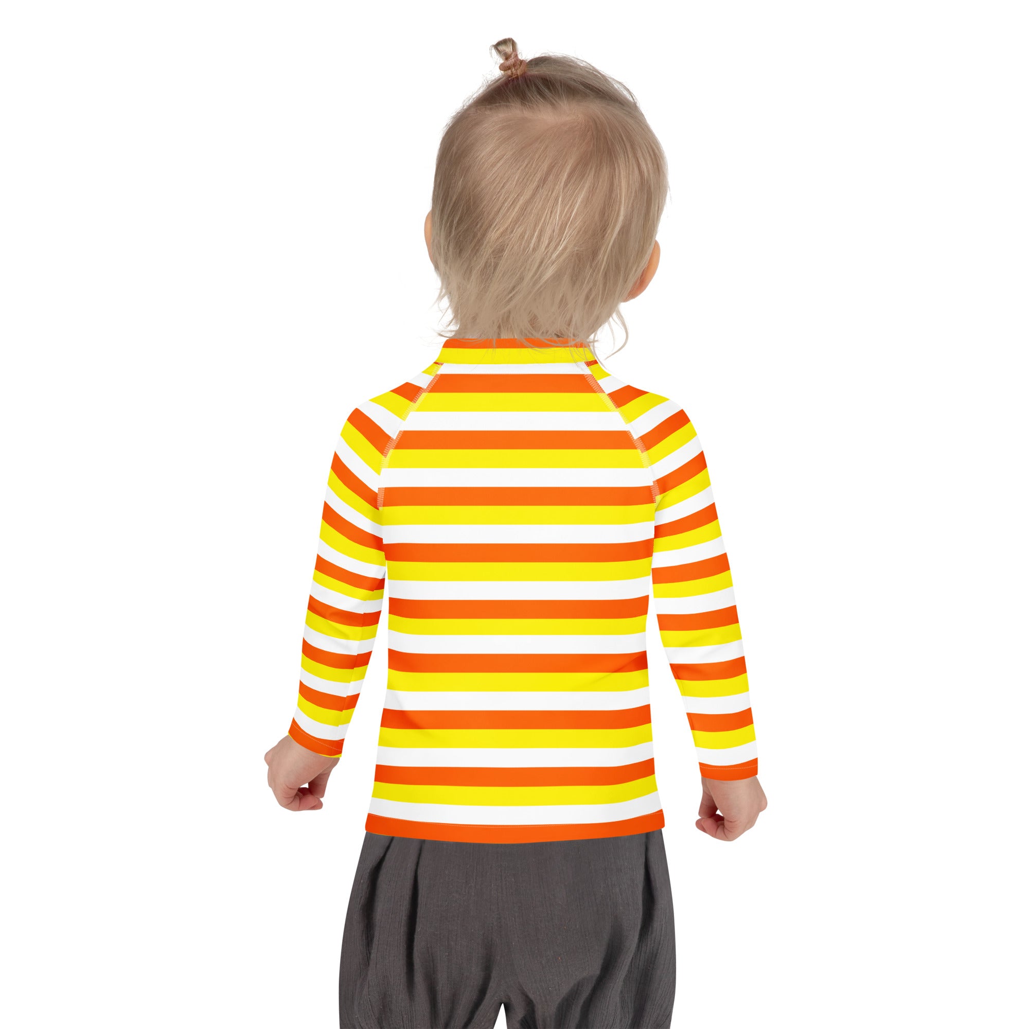 Kids candy corn stripes halloween long sleeve rash guard swim shirt with upf 50 plus in orange yellow and white stripes