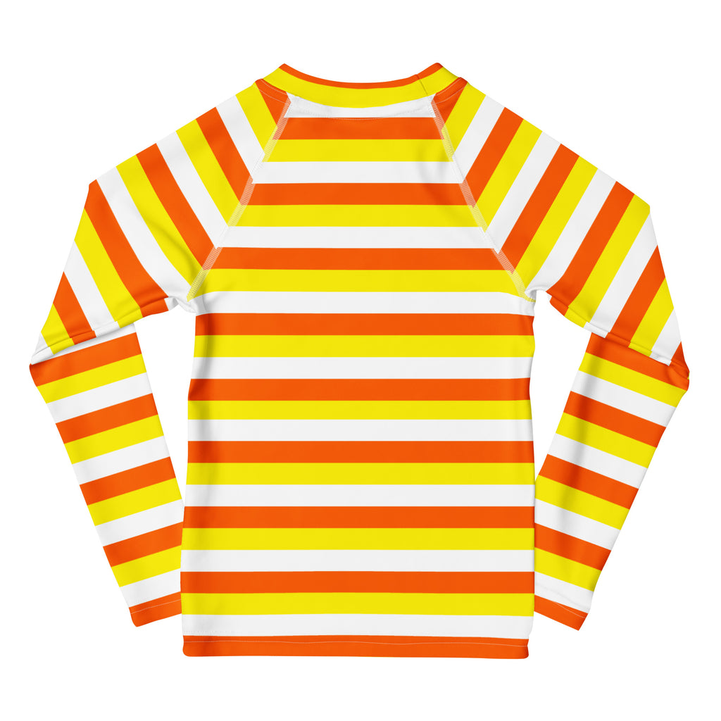 Kids candy corn stripes halloween long sleeve rash guard swim shirt with upf 50 plus in orange yellow and white stripes