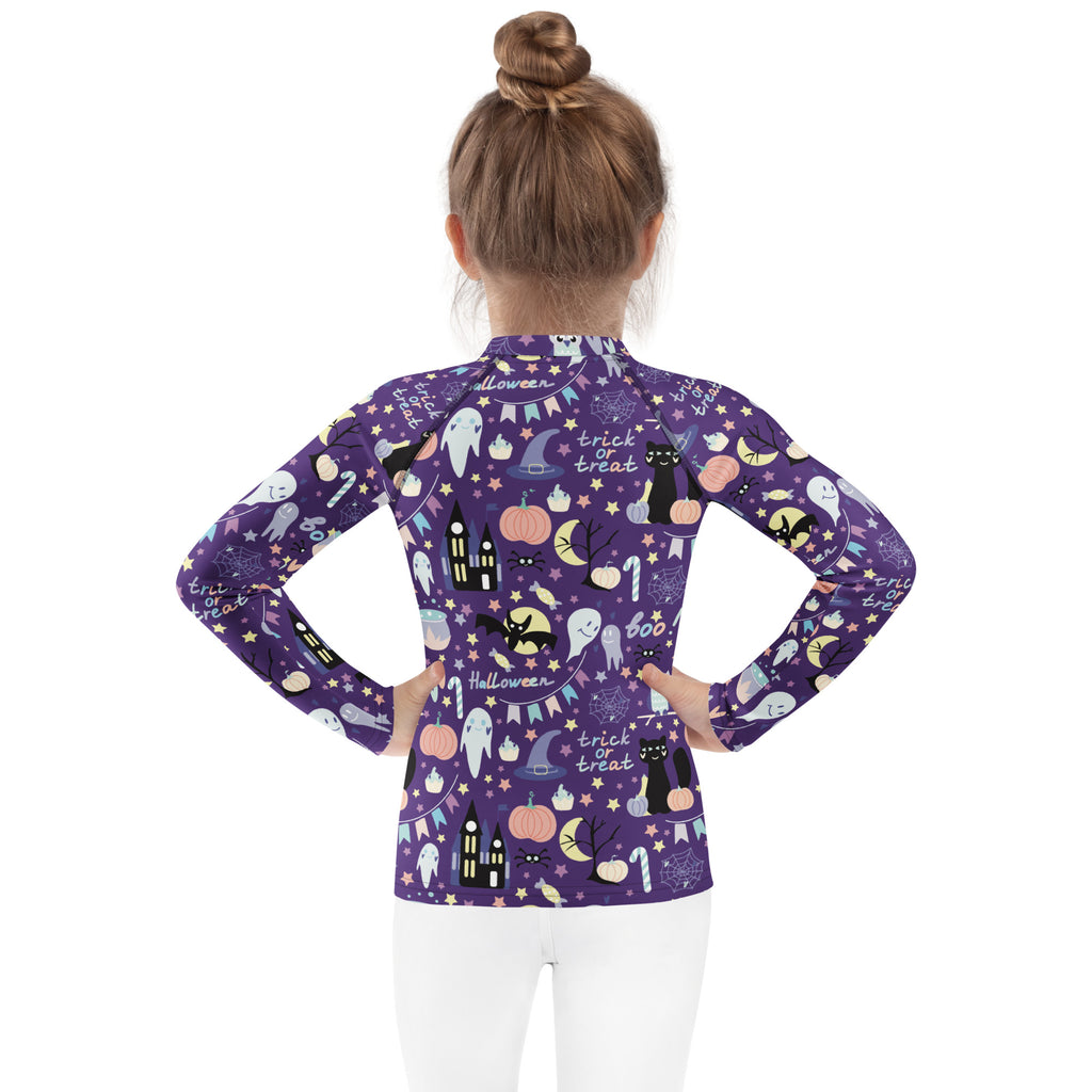 Kids spooky halloween long sleeve rash guard swim shirt purple with black cats ghosts pumpkins and trick or treat text