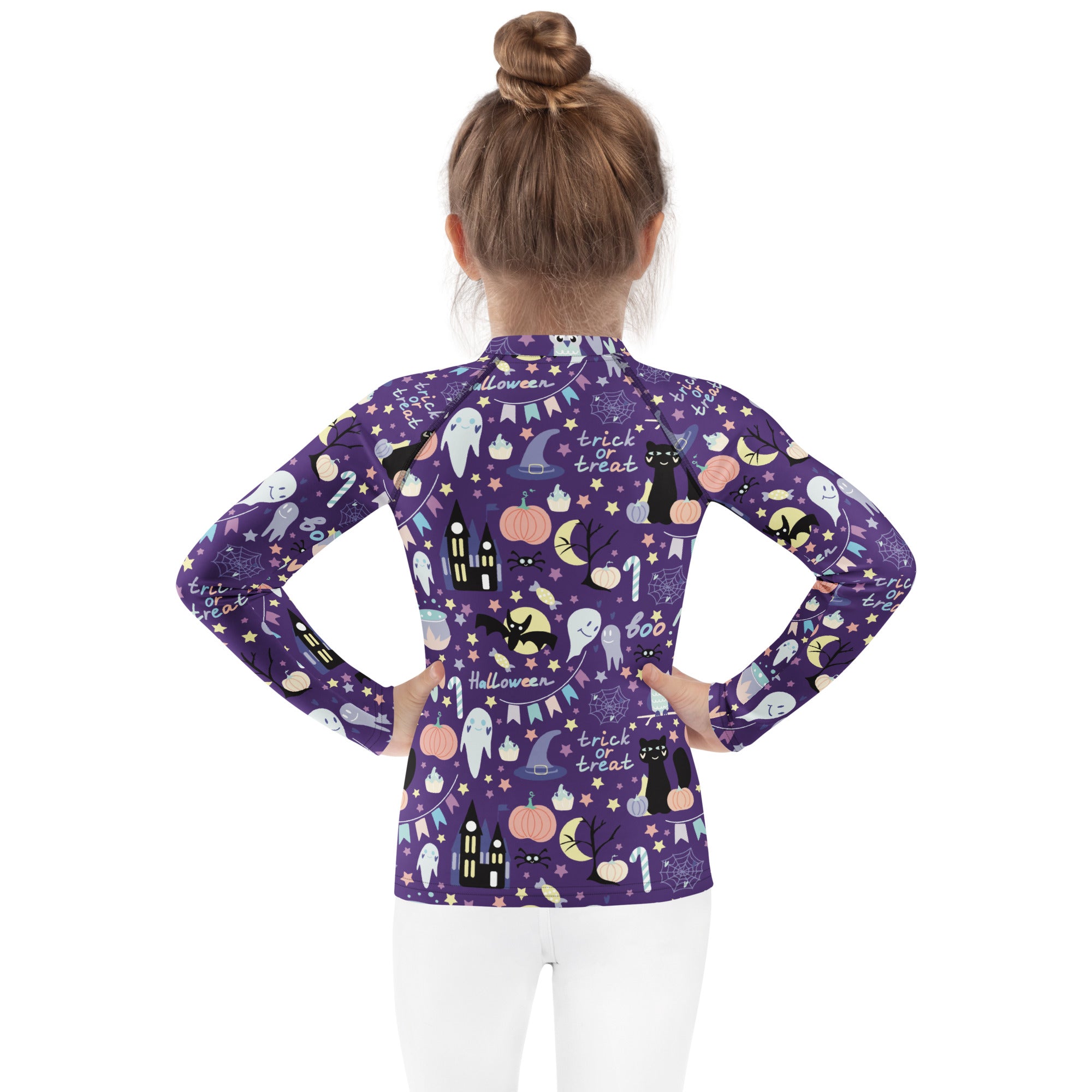 Kids spooky halloween long sleeve rash guard swim shirt purple with black cats ghosts pumpkins and trick or treat text