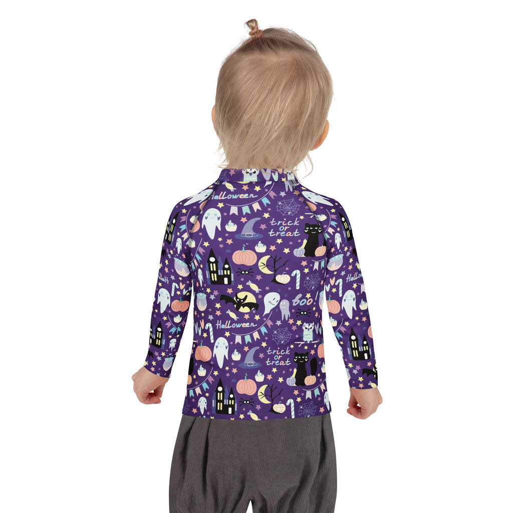 Kids spooky halloween long sleeve rash guard swim shirt in dark purple with playful ghosts pumpkins and bats print