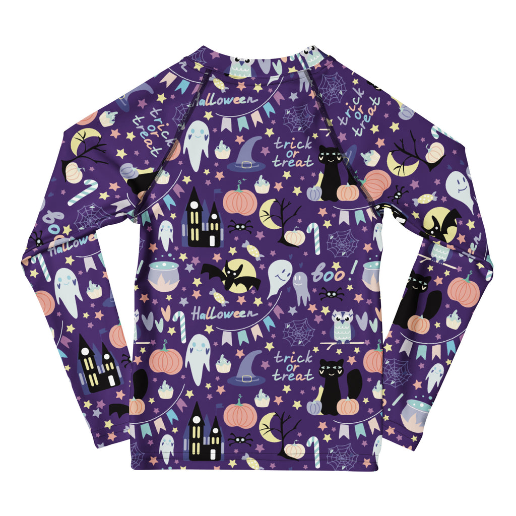 Purple kids halloween long sleeve rash guard swim shirt with upf 50 plus and playful ghost pumpkin bat candy pattern