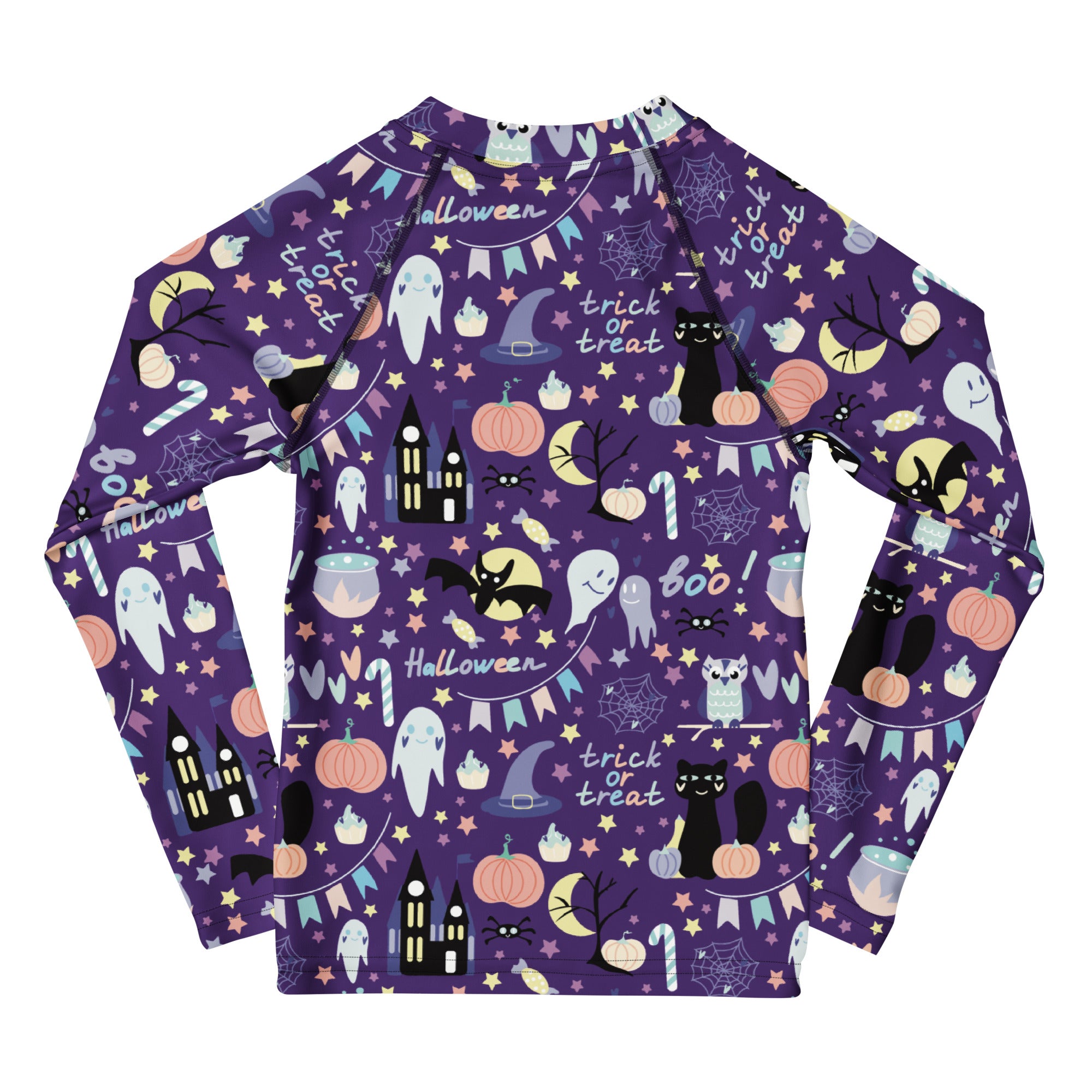 Purple kids halloween long sleeve rash guard swim shirt with upf 50 plus and playful ghost pumpkin bat candy pattern