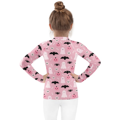 Girls Pink Cute Ghosts And Bats Halloween Long Sleeve Rash Guard Swim Shirt With UPF 50+