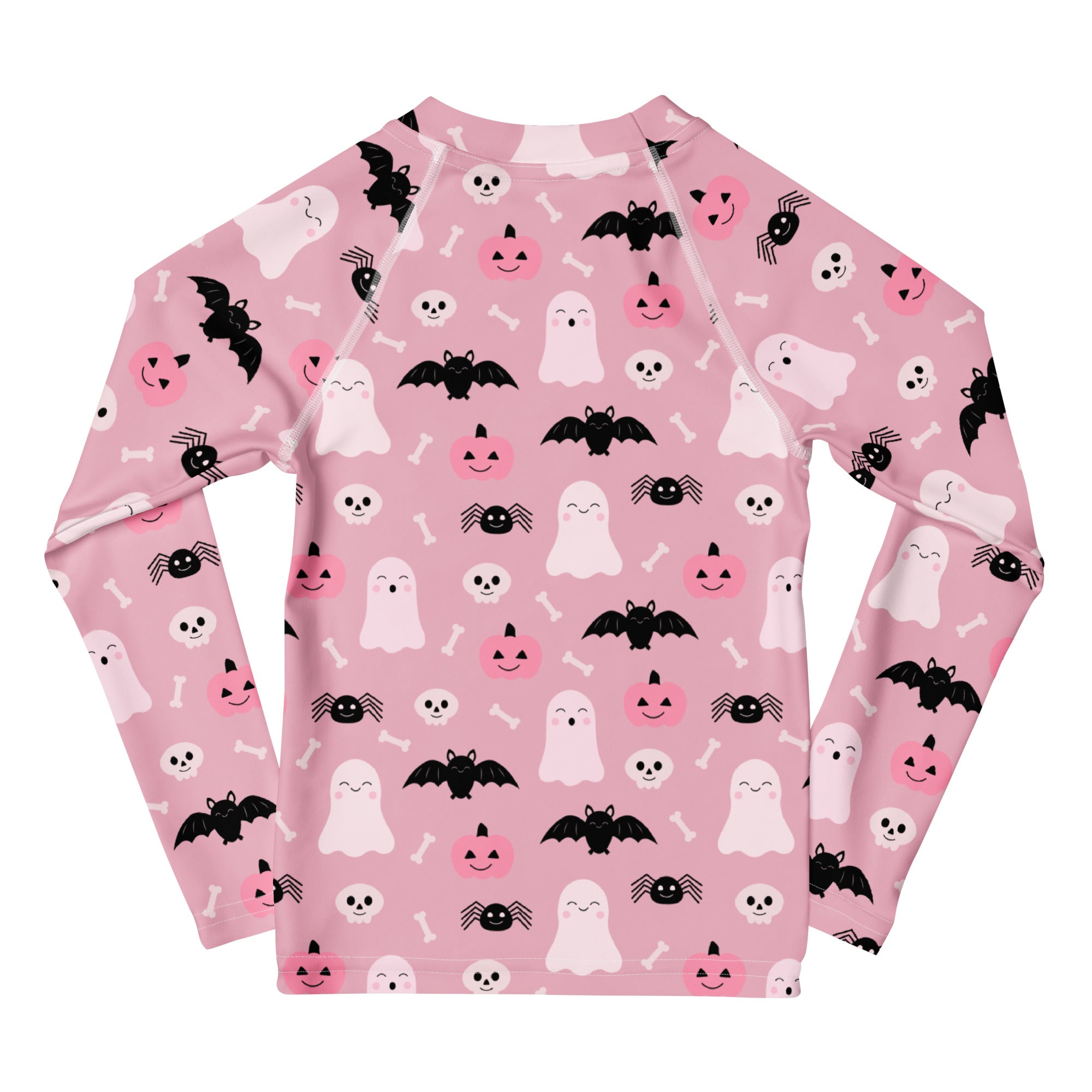 Girls pink long sleeve rash guard swim shirt with playful halloween ghosts bats pumpkins and spiders pattern upf 50+