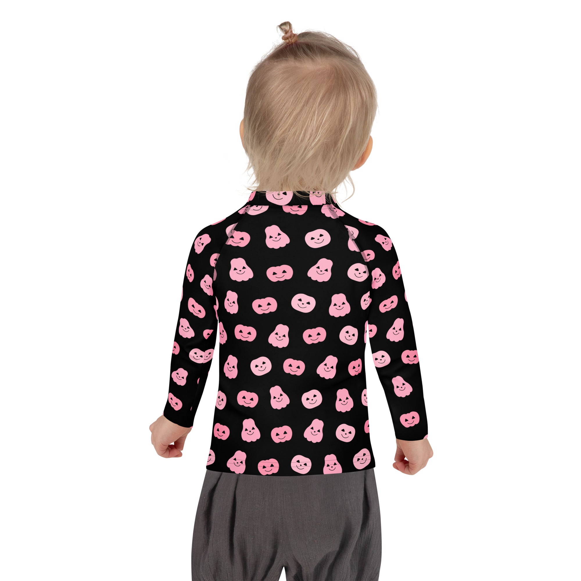 Girls Pink Pumpkins Halloween Long Sleeve Rash Guard Swim Shirt With UPF 50+