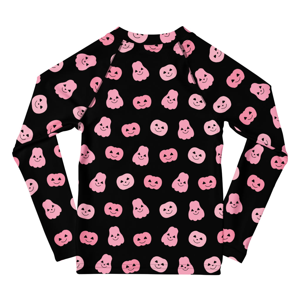 Girls Pink Pumpkins Halloween Long Sleeve Rash Guard Swim Shirt With UPF 50+
