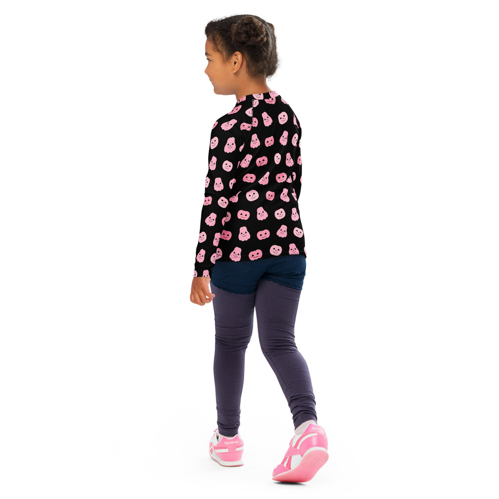 Girls Pink Pumpkins Halloween Long Sleeve Rash Guard Swim Shirt With UPF 50+