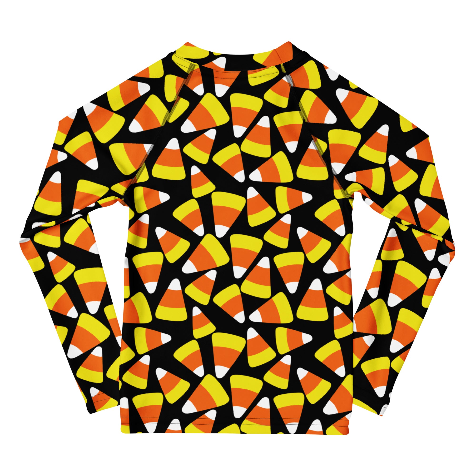 Kids candy corn Halloween long sleeve rash guard with vibrant orange yellow and white pattern on black background with UPF 50+