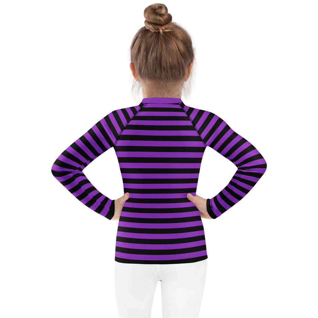Kids purple and black long sleeve rash guard swim shirt with UPF 50 plus for Halloween and sun protection