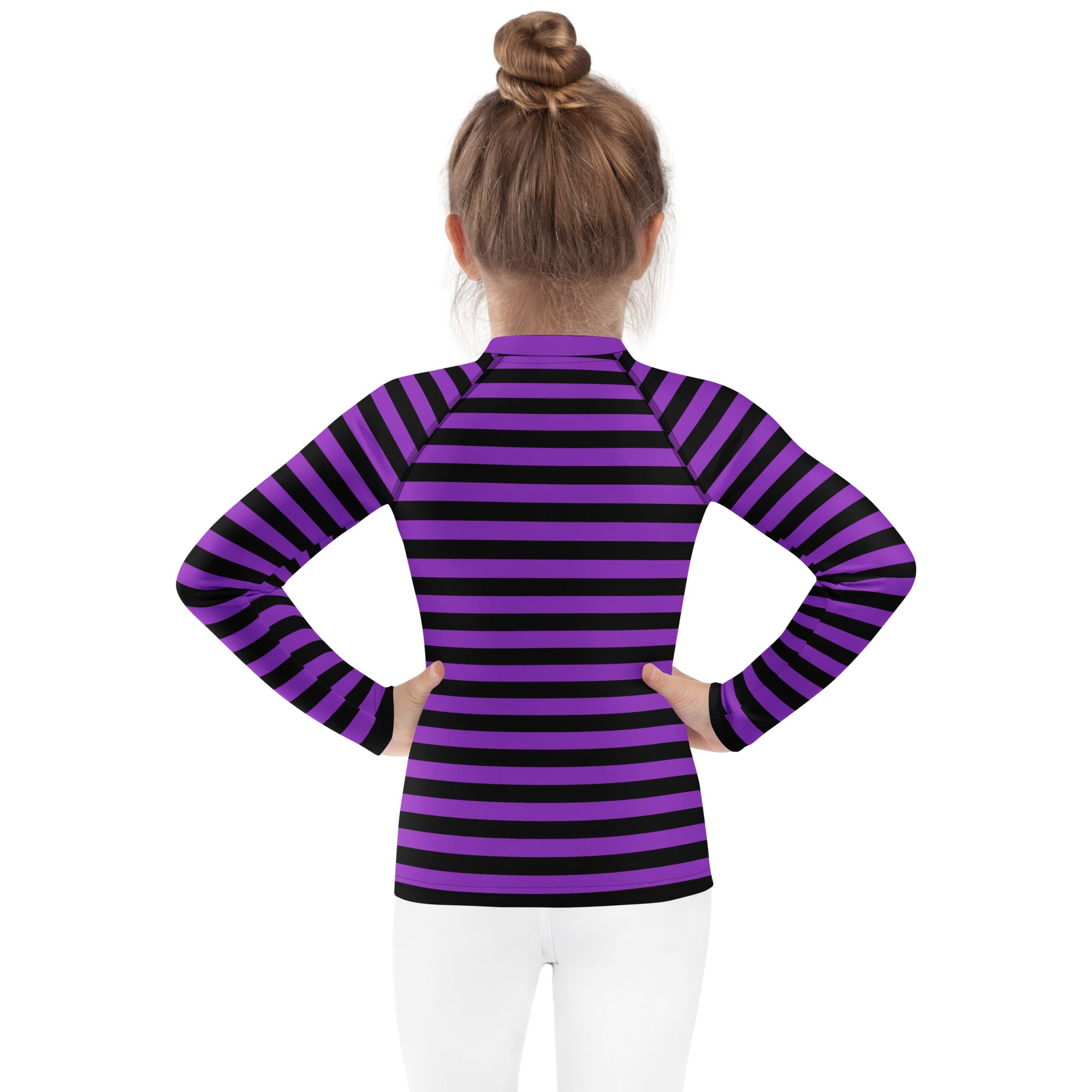 Kids purple and black long sleeve rash guard swim shirt with UPF 50 plus for Halloween and sun protection