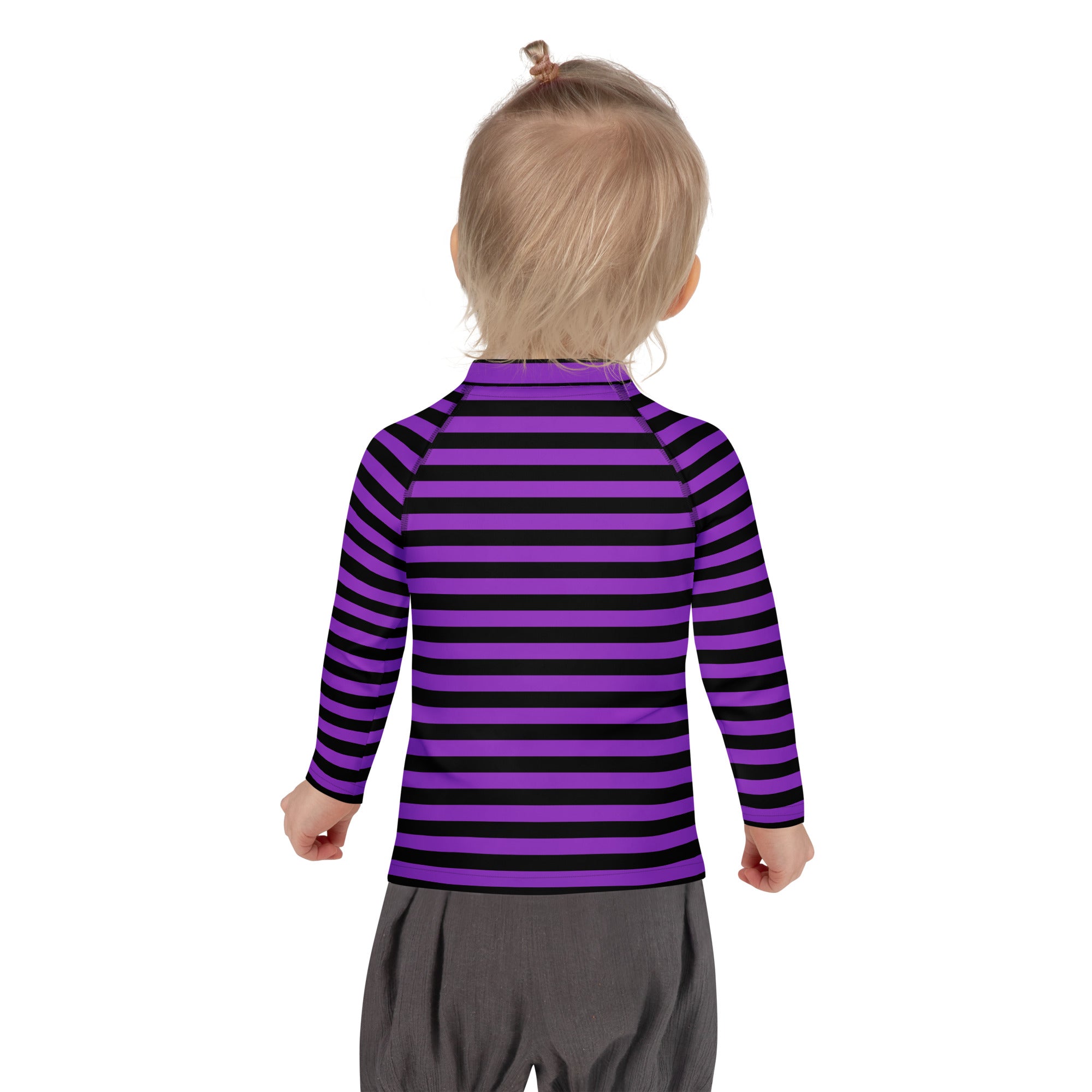 Kids purple and black Halloween long sleeve rash guard swim shirt with UPF 50+ featuring horizontal stripes