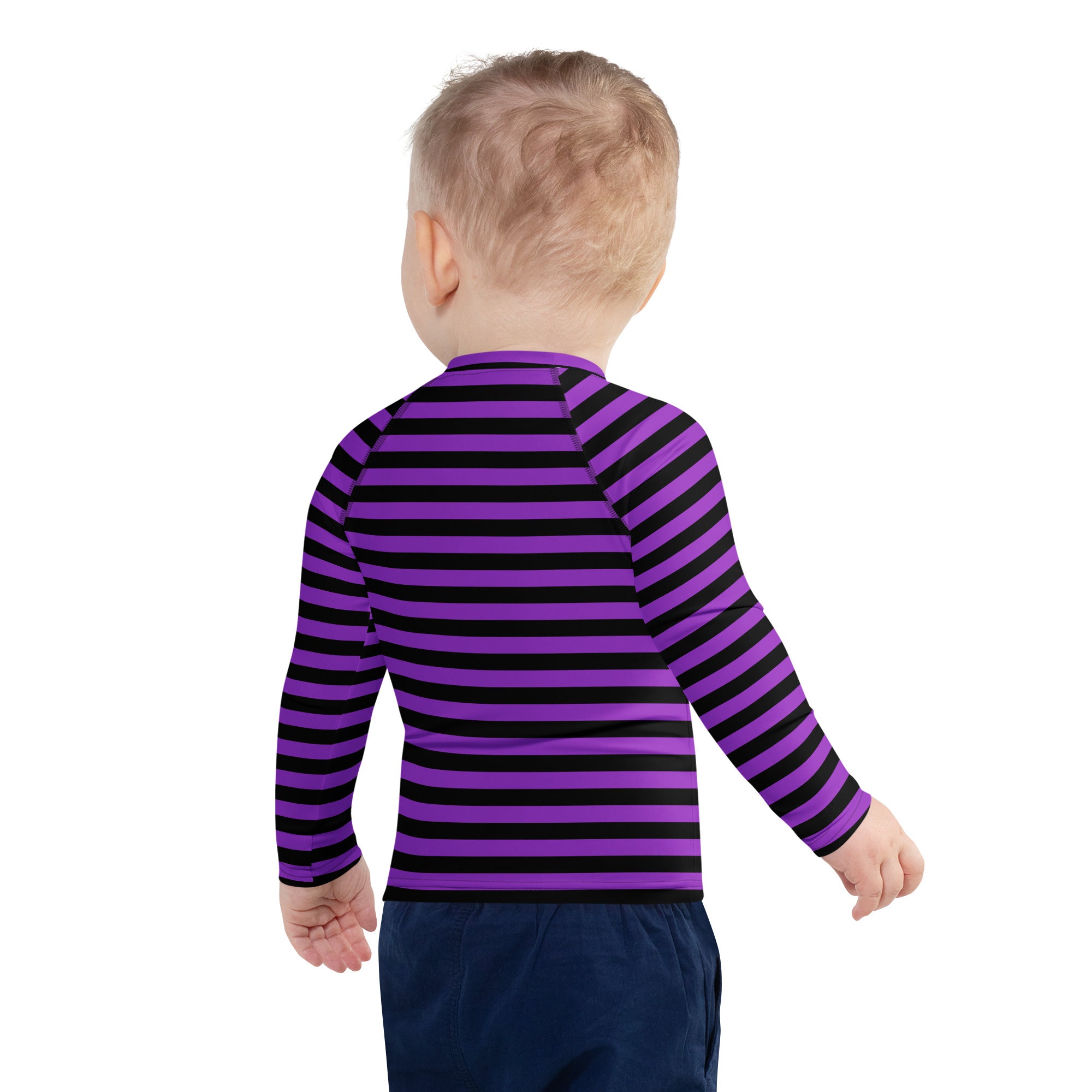 Kids purple and black horizontally striped long sleeve rash guard swim shirt with upf 50 plus for halloween
