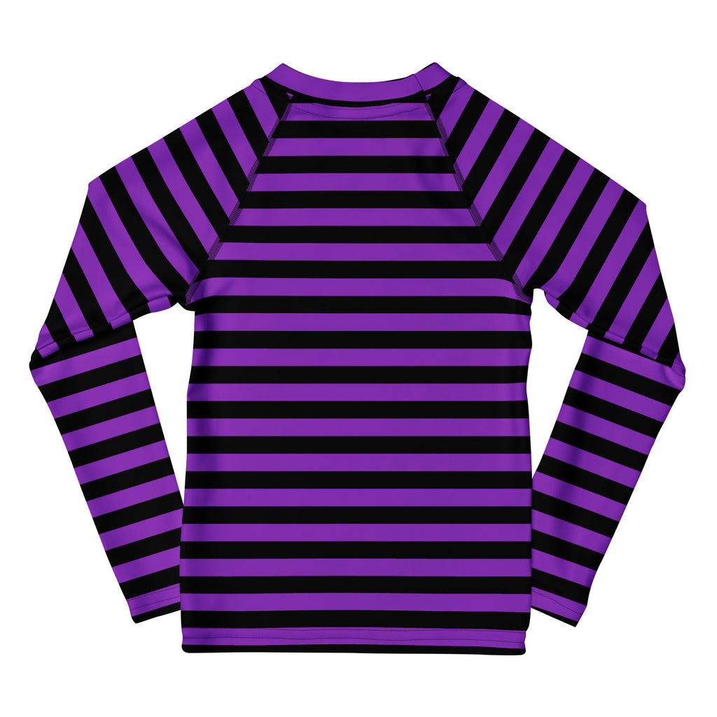 Kids purple and black horizontally striped long sleeve rash guard swim shirt with upf 50 plus for halloween